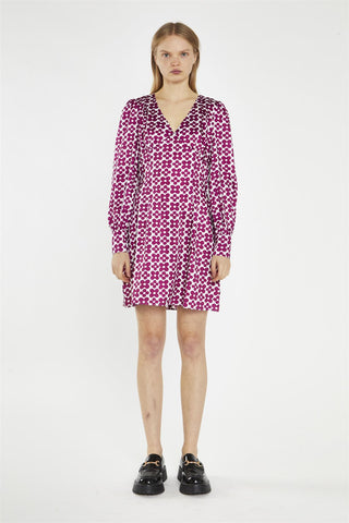 Magenta-Flower V-Neck Mini-Dress