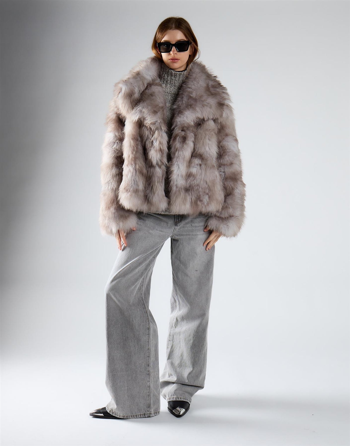 Grey Multi Fur Oversized Collar Short Fur Coat