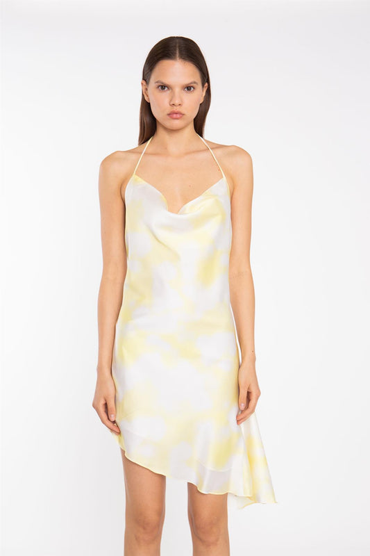 Yellow Print-Satin Asymmetric Cowl-Neck Mini-Dress