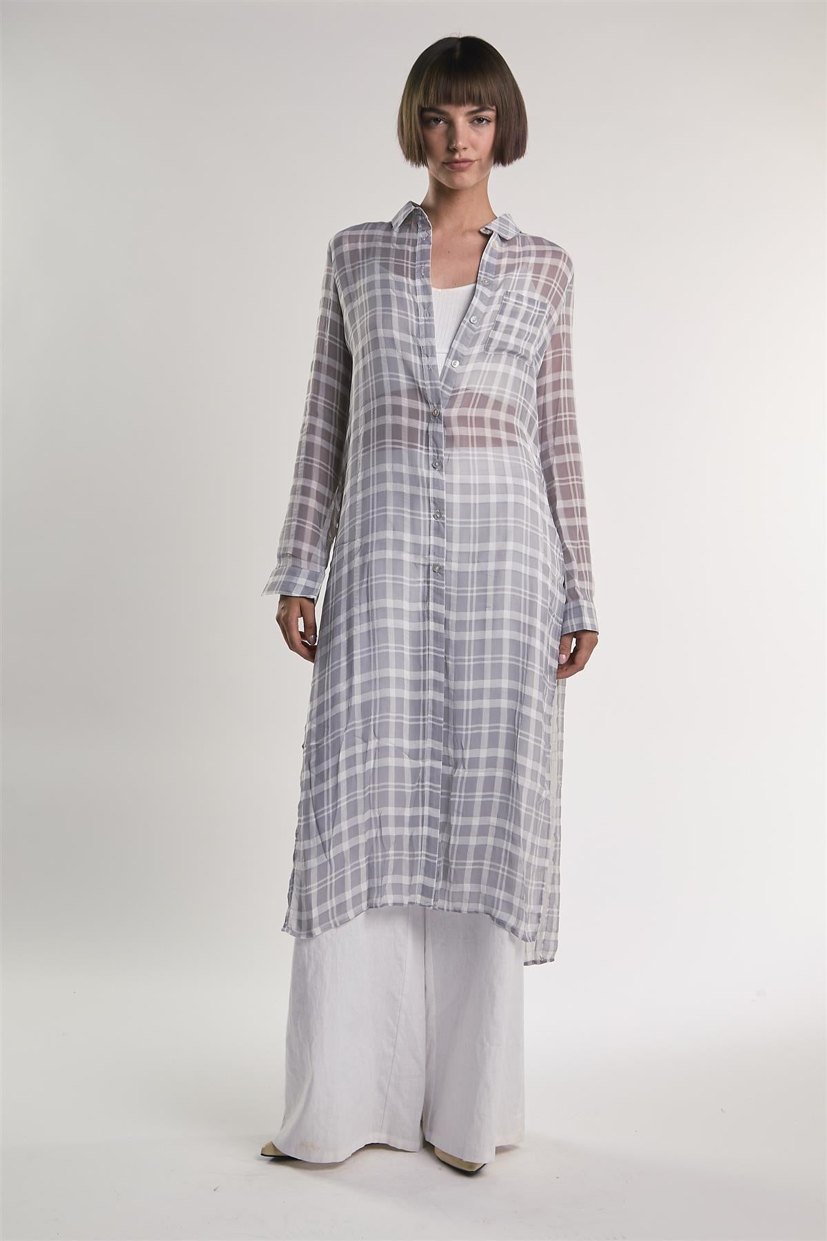 Grey/White-Check Sheer Midi-Top