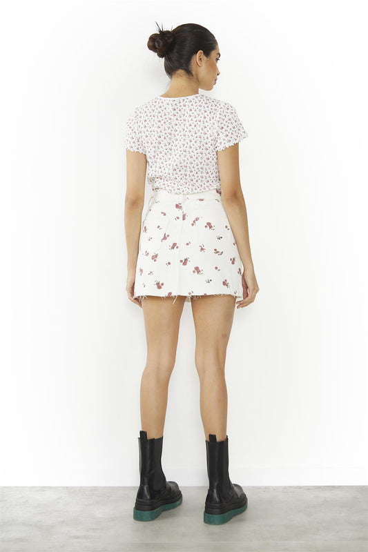 White Ditsy Pointelle Floral Lettuce-Hem Short-Sleeve-Top