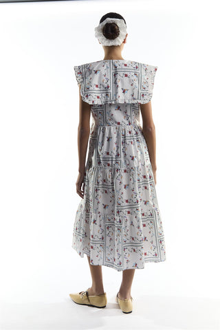 White Picnic Print Oversized Collar Tiered Midi Dress