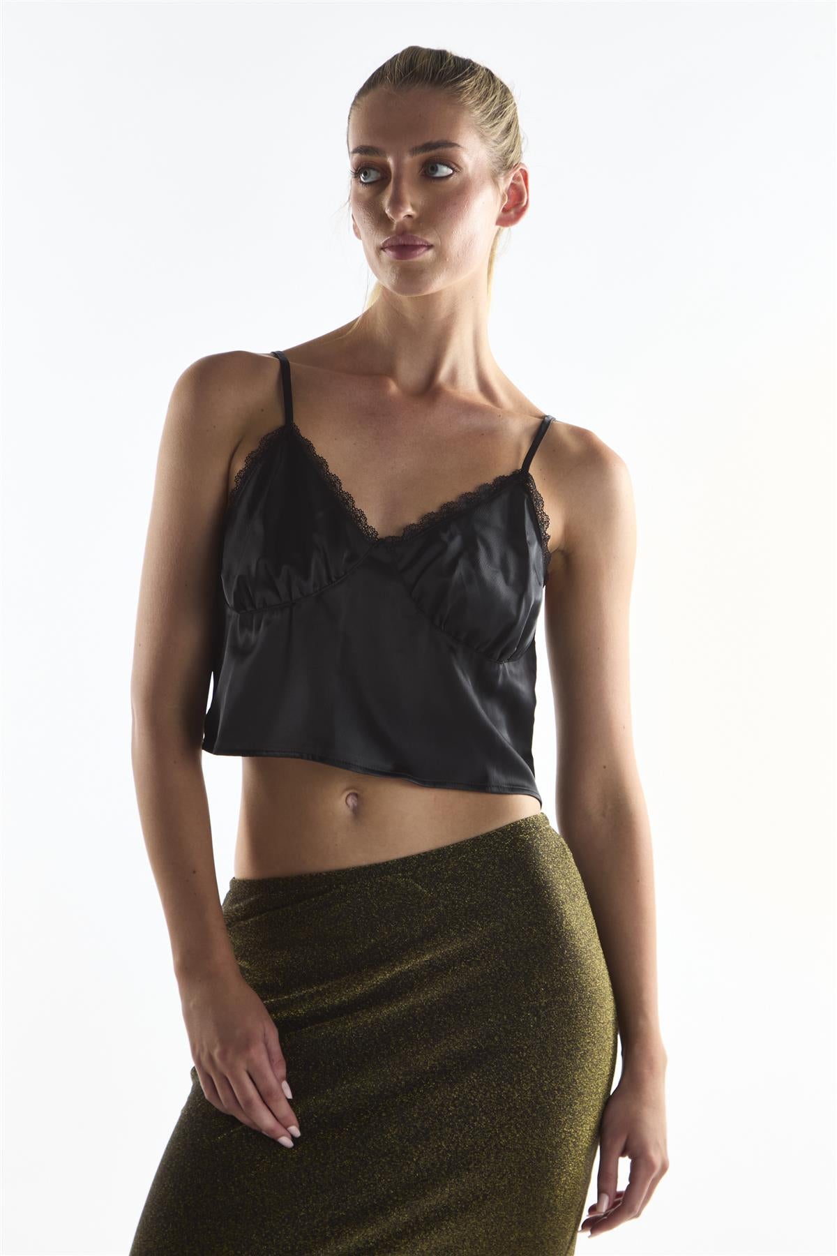 V-Neck Lace Trim Crop Top - Black