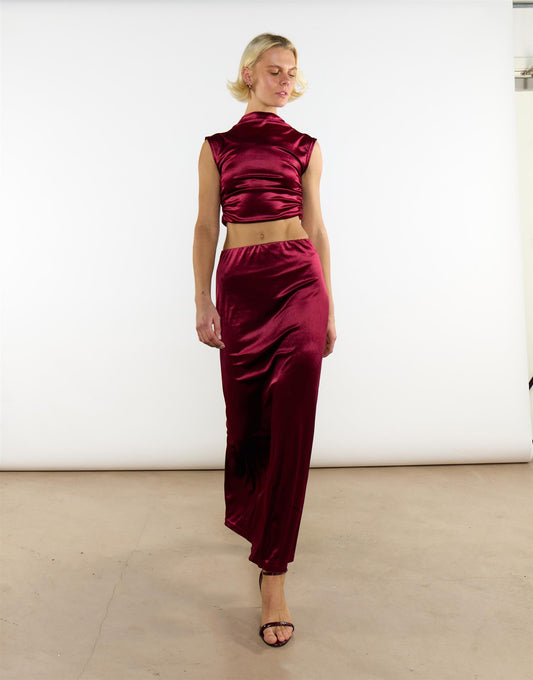 Burgundy Velvet Sleeveless Mock Neck Crop Top