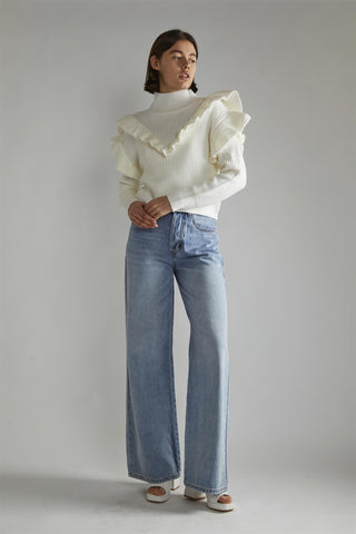 Cream High Neck Jumper with Ruffle Detail