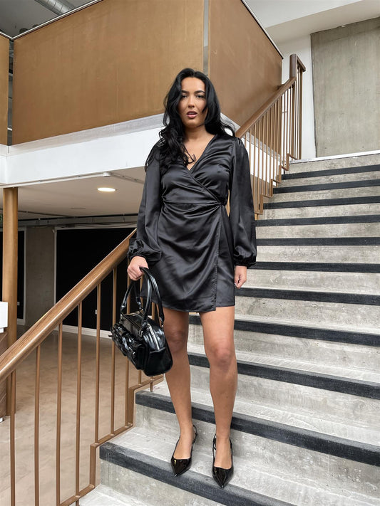 Black Satin Wrap Mini-Dress