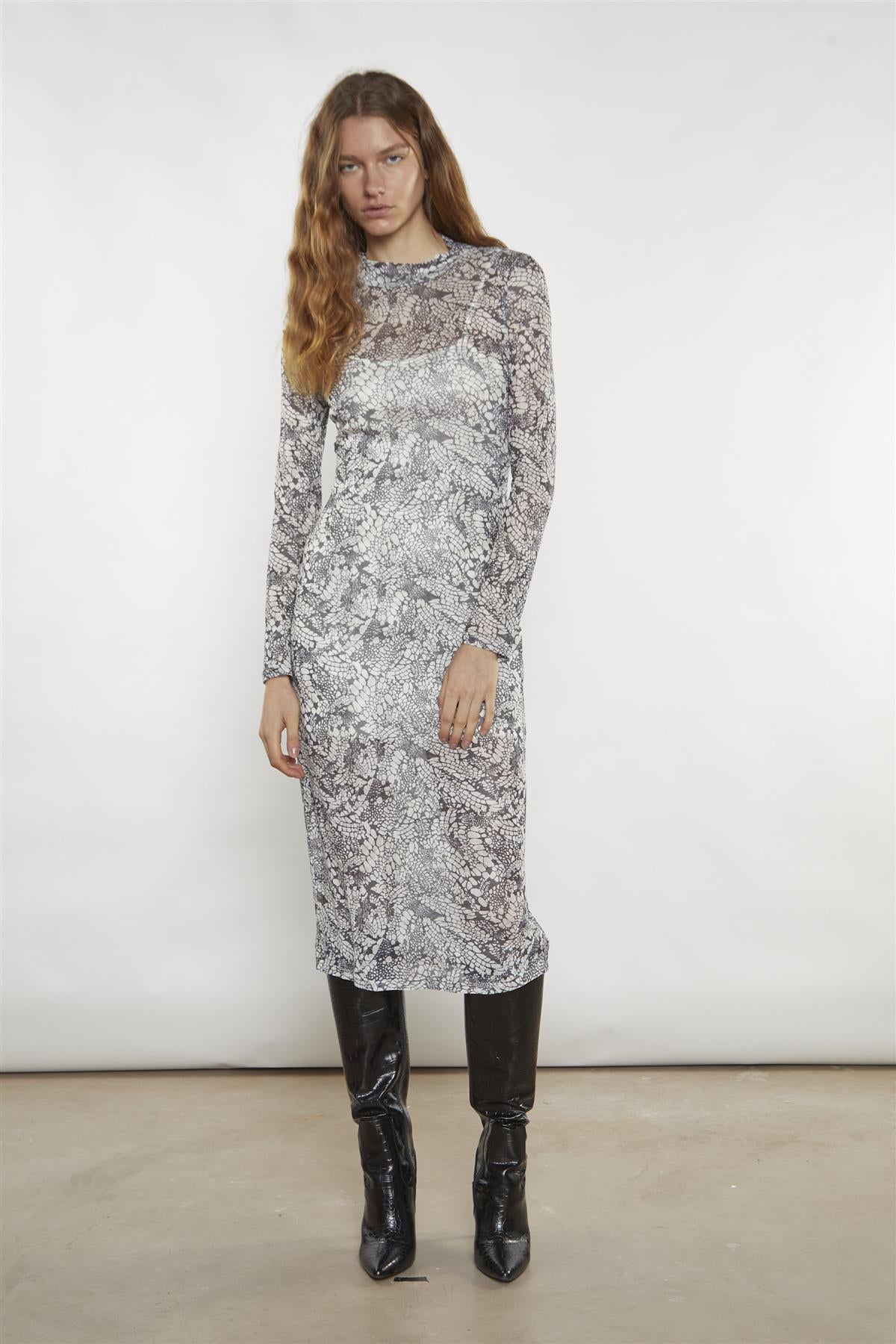 Grey-Snakeskin Mesh-Bodycon Midi-Dress