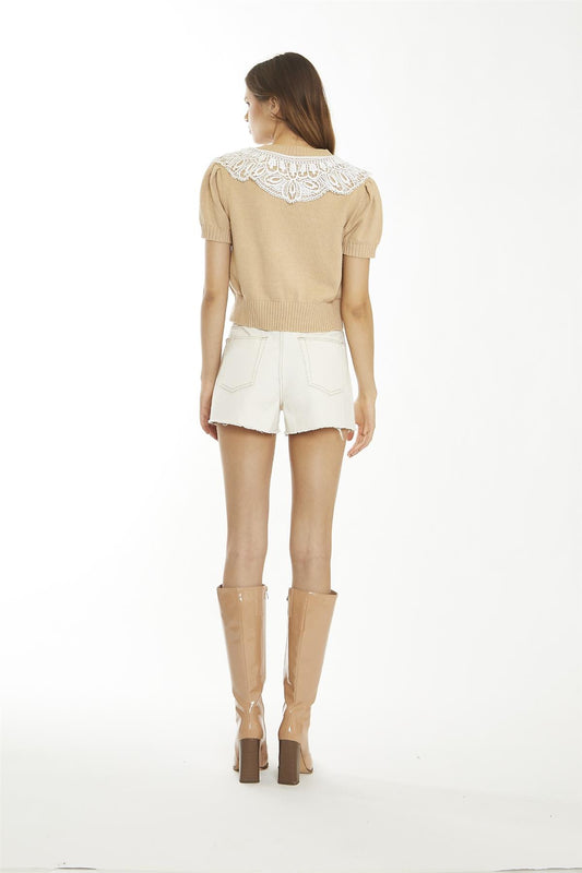 Ecru Raw-Hem High-Waisted-Shorts
