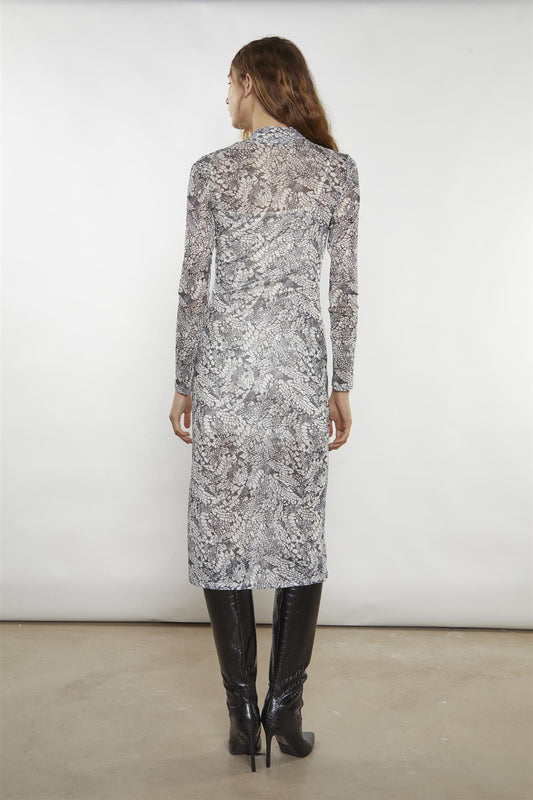 Grey-Snakeskin Mesh-Bodycon Midi-Dress