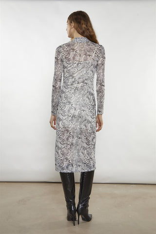 Grey-Snakeskin Mesh-Bodycon Midi-Dress