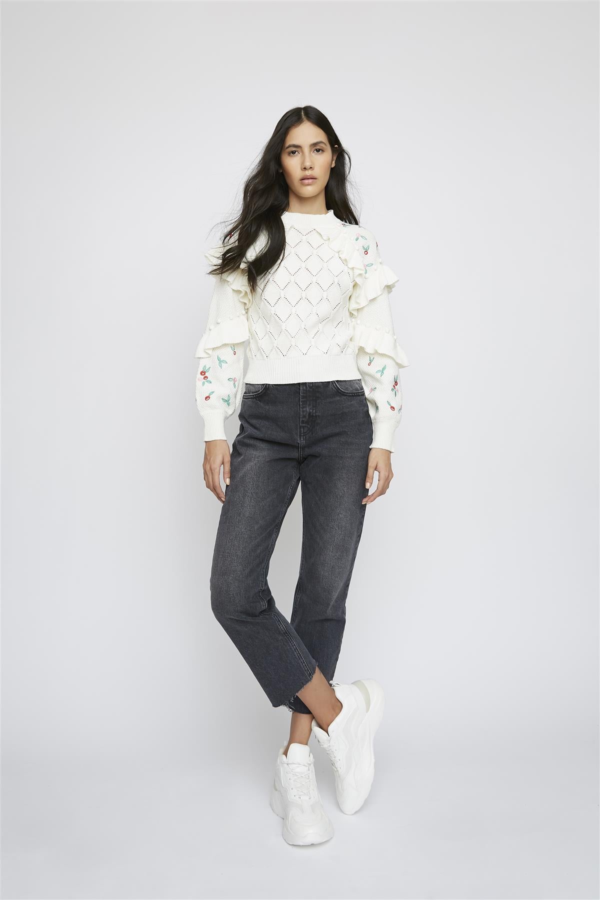 Ivory Ruffle-Mini-Floral Long Sleeve-Jumper