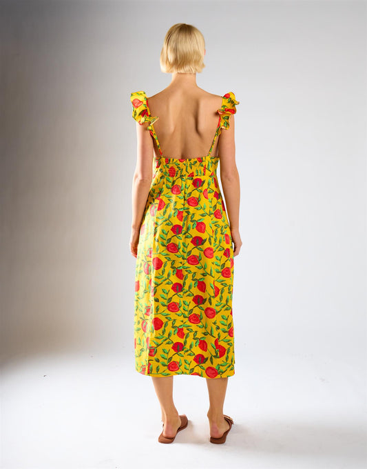Yellow Red Fruit Frill Sleeve Midi Dress