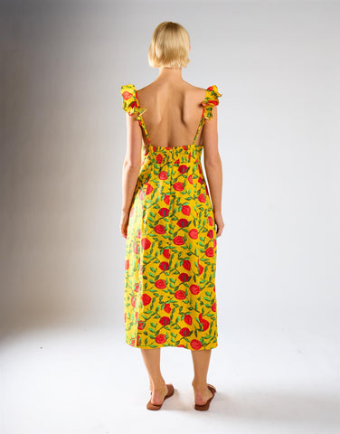 Yellow Red Fruit Frill Sleeve Midi Dress
