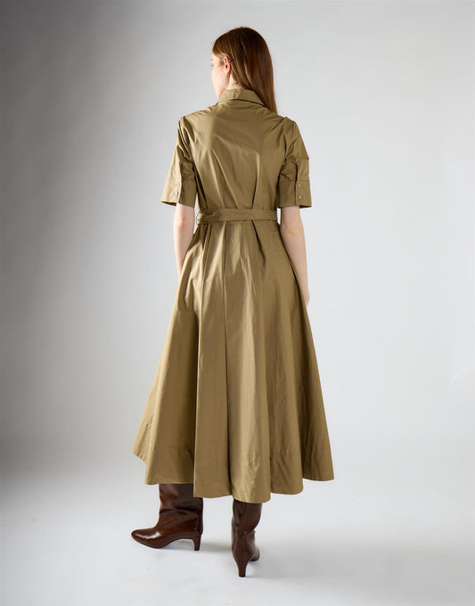 Khaki Pleated Tie Waist Maxi Dress