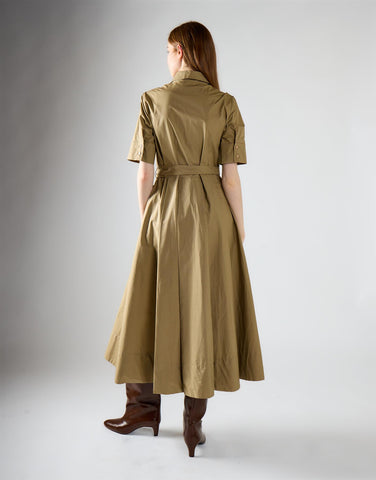 Khaki Pleated Tie Waist Maxi Dress