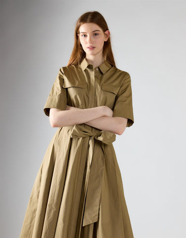 Khaki Pleated Tie Waist Maxi Dress