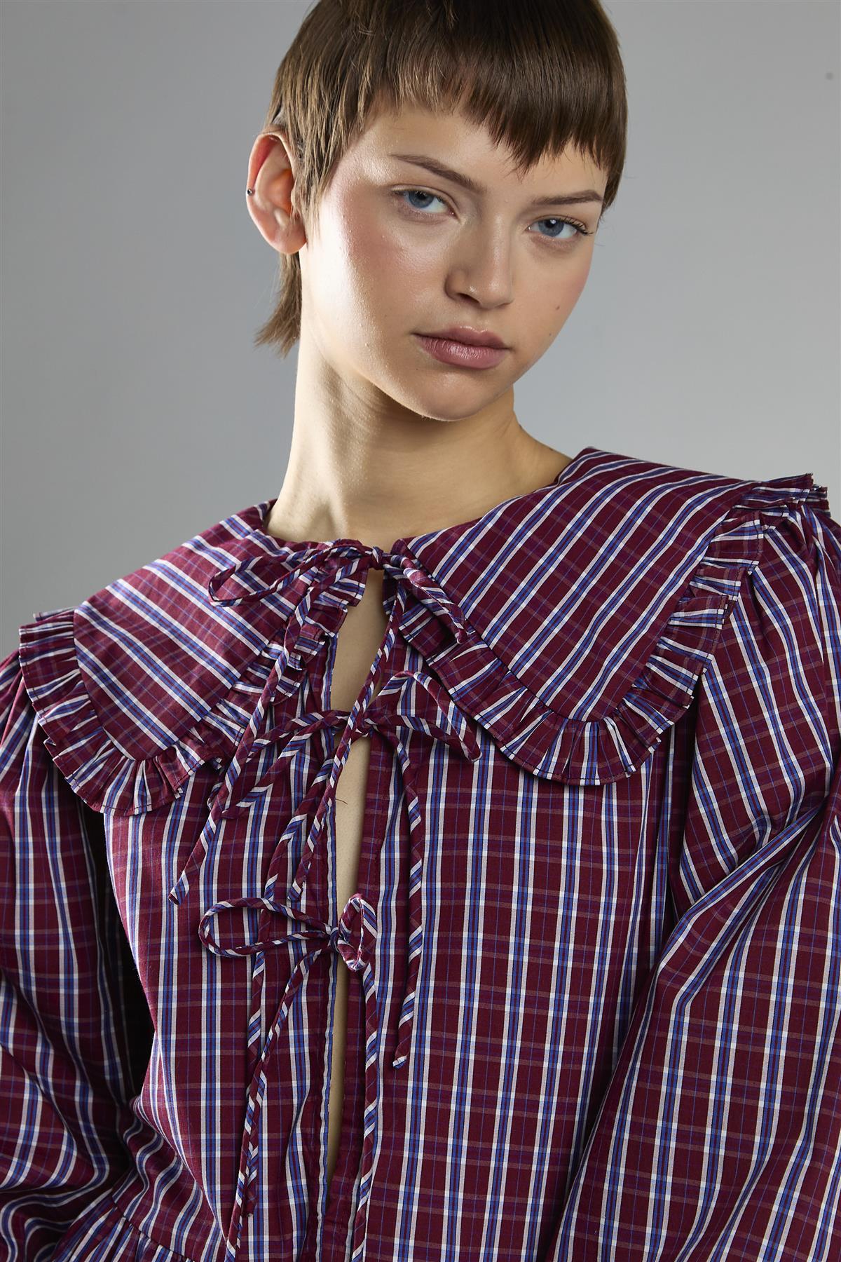 red and blue plaid blouse gothic trend with Wednesday Addams style
