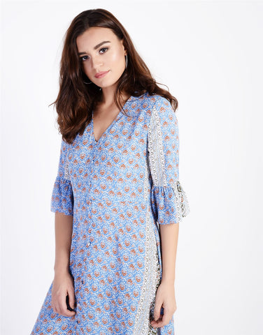 Blue-Rust Border Button-Front Maxi-Dress