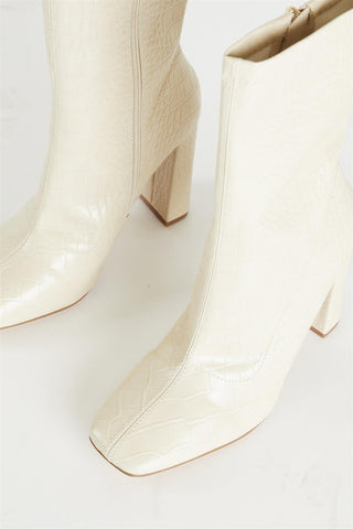 Nude Croc Print Calf High Heeled Boot