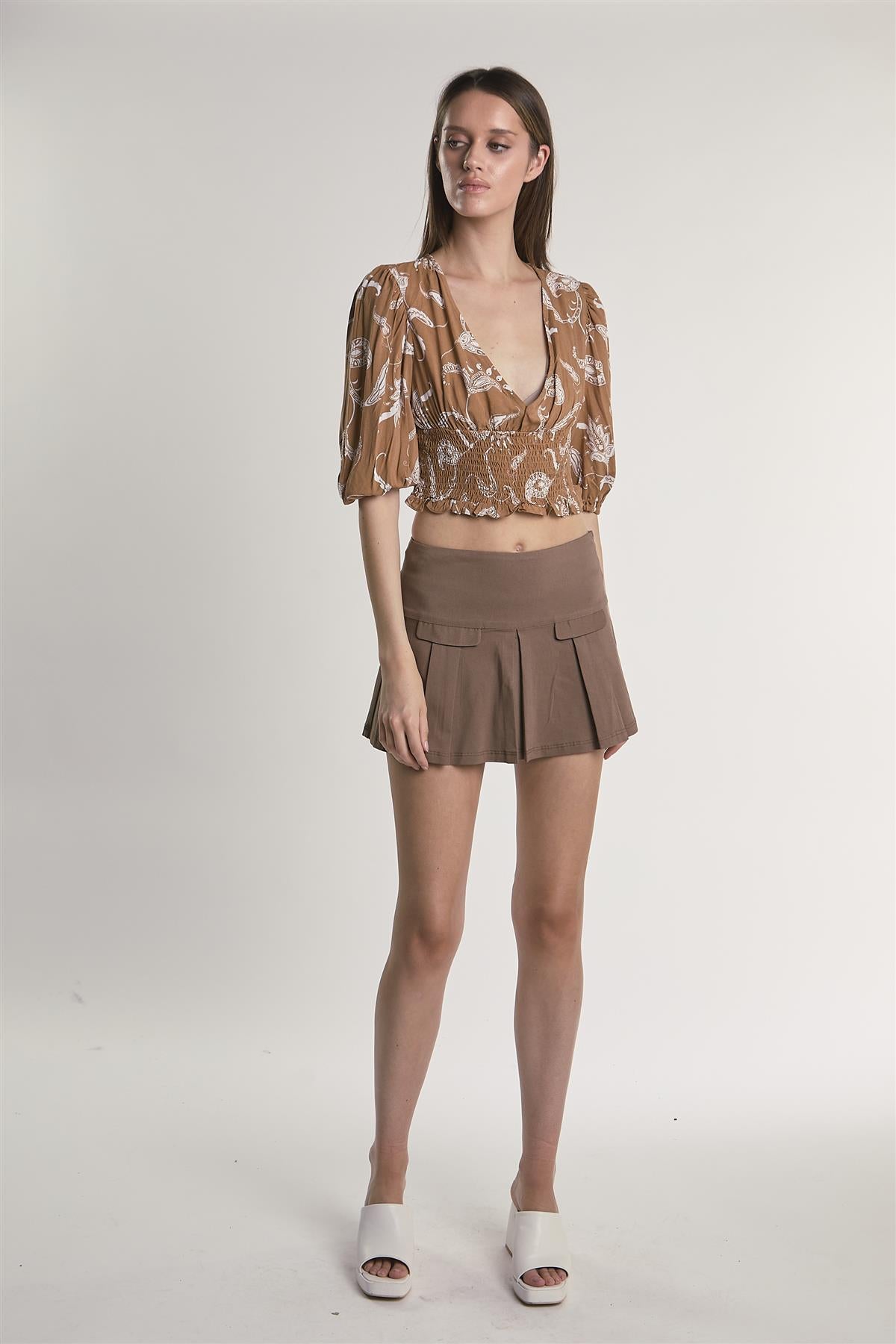 Brown Paisley Puff Sleeve V Neck Crop Top