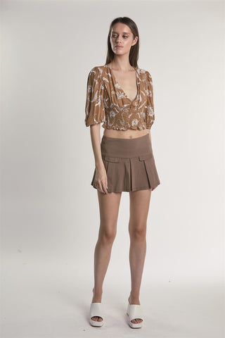 Brown Paisley Puff Sleeve V Neck Crop Top