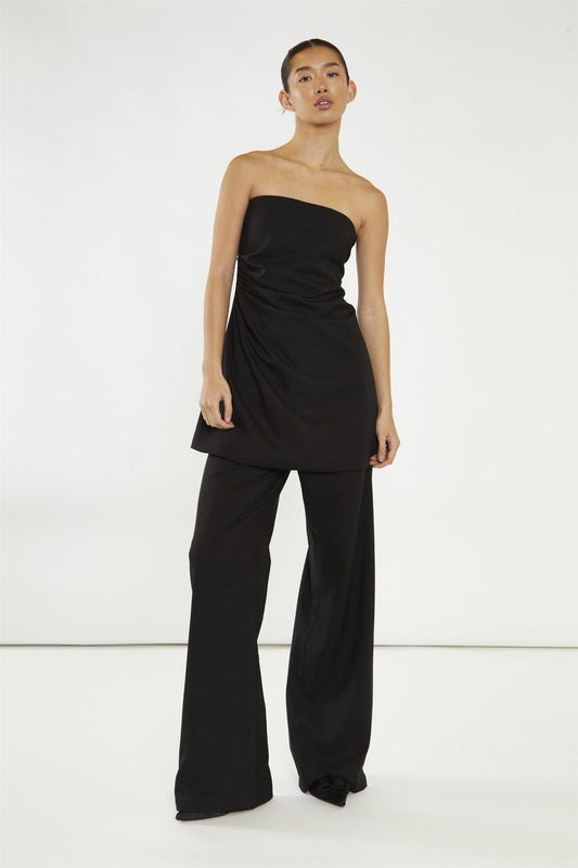 Black Gathered Waist Longline-Top