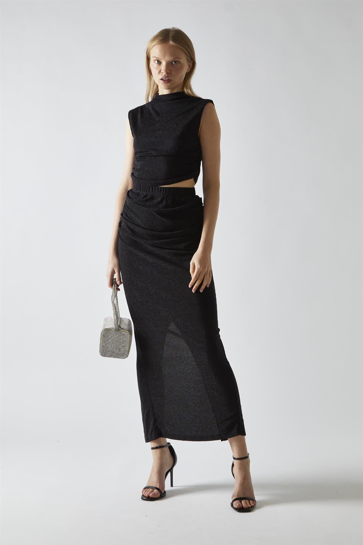 Black-Glitter Ruched Midaxi-Skirt