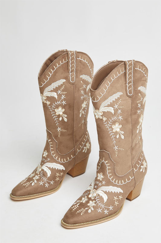 Tan Embroidered Cowboy-Boots