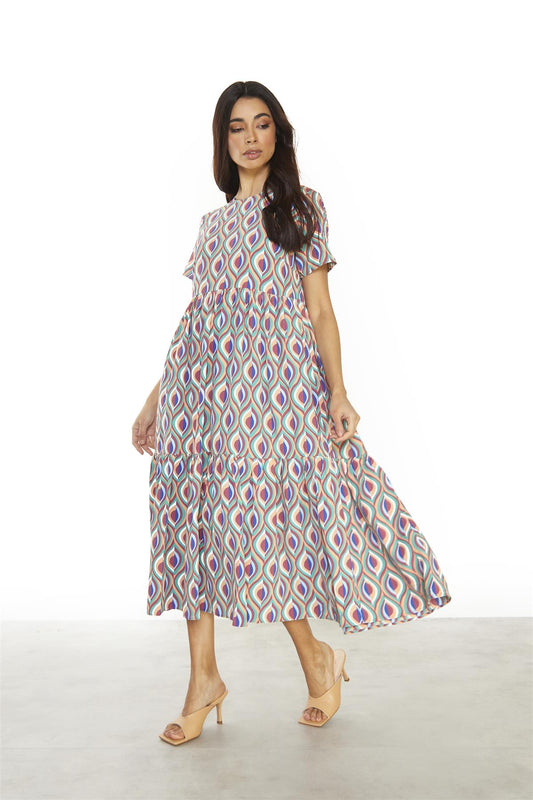 Multi-Geo-Swirl Round-Neck-Loose Midi-Dress
