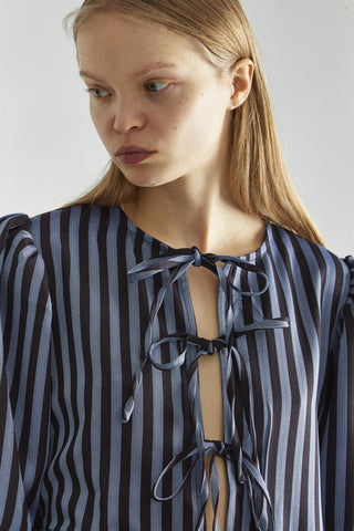 Blue-Black Stripe Tie-Front Top
