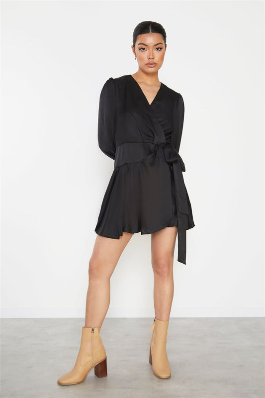 Black Front Wrap V-Neck Mini-Dress