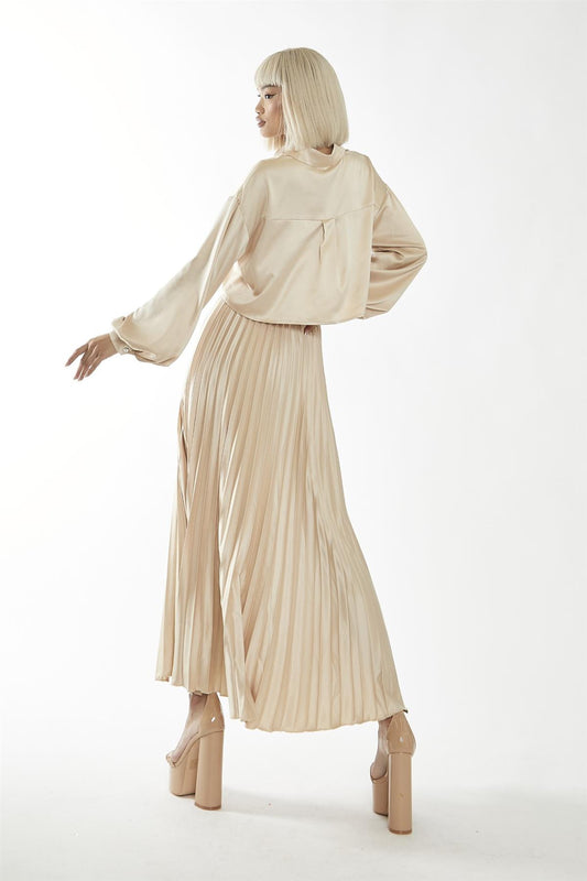 Sand Sateen High-Waist Pleated Maxi-Skirt