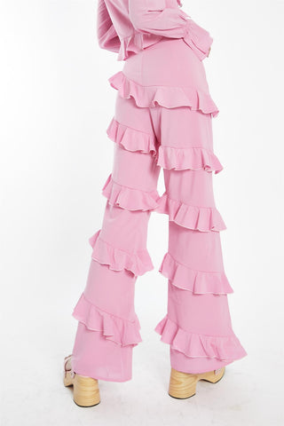 Candy-Pink Asymmetric-Ruffle Flared-Trousers