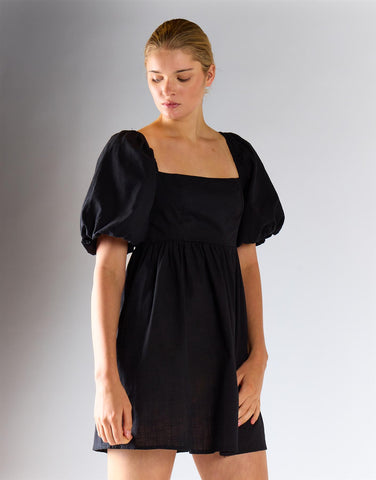 Balloon Sleeve Flowy Mini Dress - Black