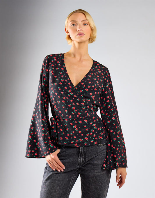 Black Red Roses Wrap Tie Waist Top