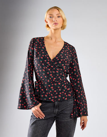 Black Red Roses Wrap Tie Waist Top
