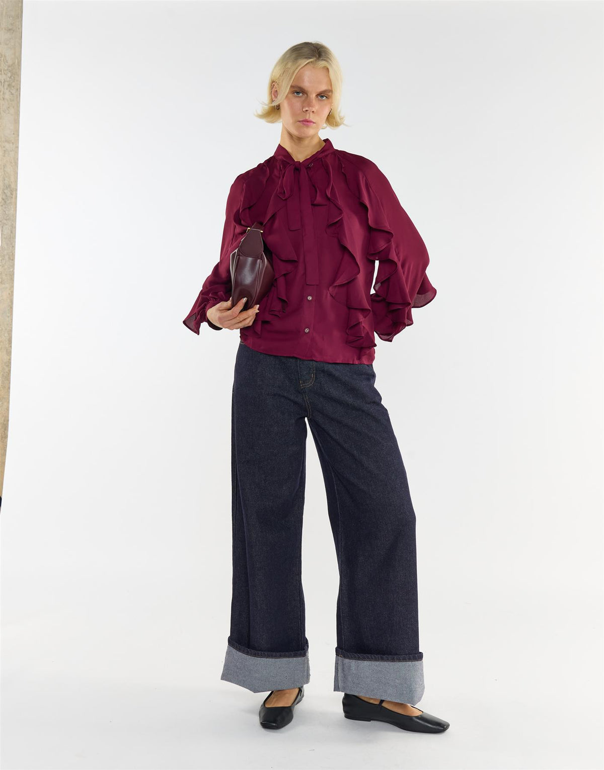 Collection Ruffled Bow Blouse in Burgundy