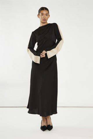 Black-Nude Waterfall Ruffle Maxi-Dress