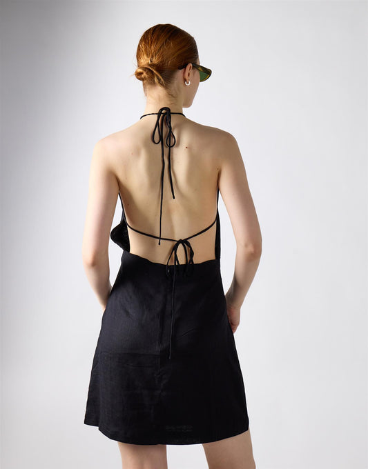 Black Linen Open Tie Back Mini Dress