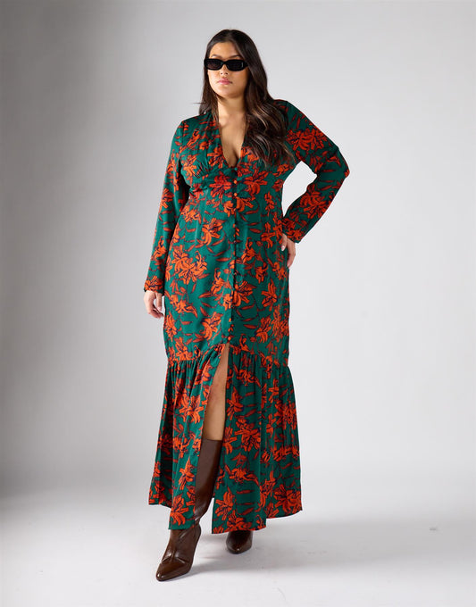 Glamorous Curve Green Rust Floral Multi Channel Maxi Dress