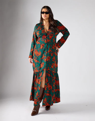 Glamorous Curve Green Rust Floral Multi Channel Maxi Dress