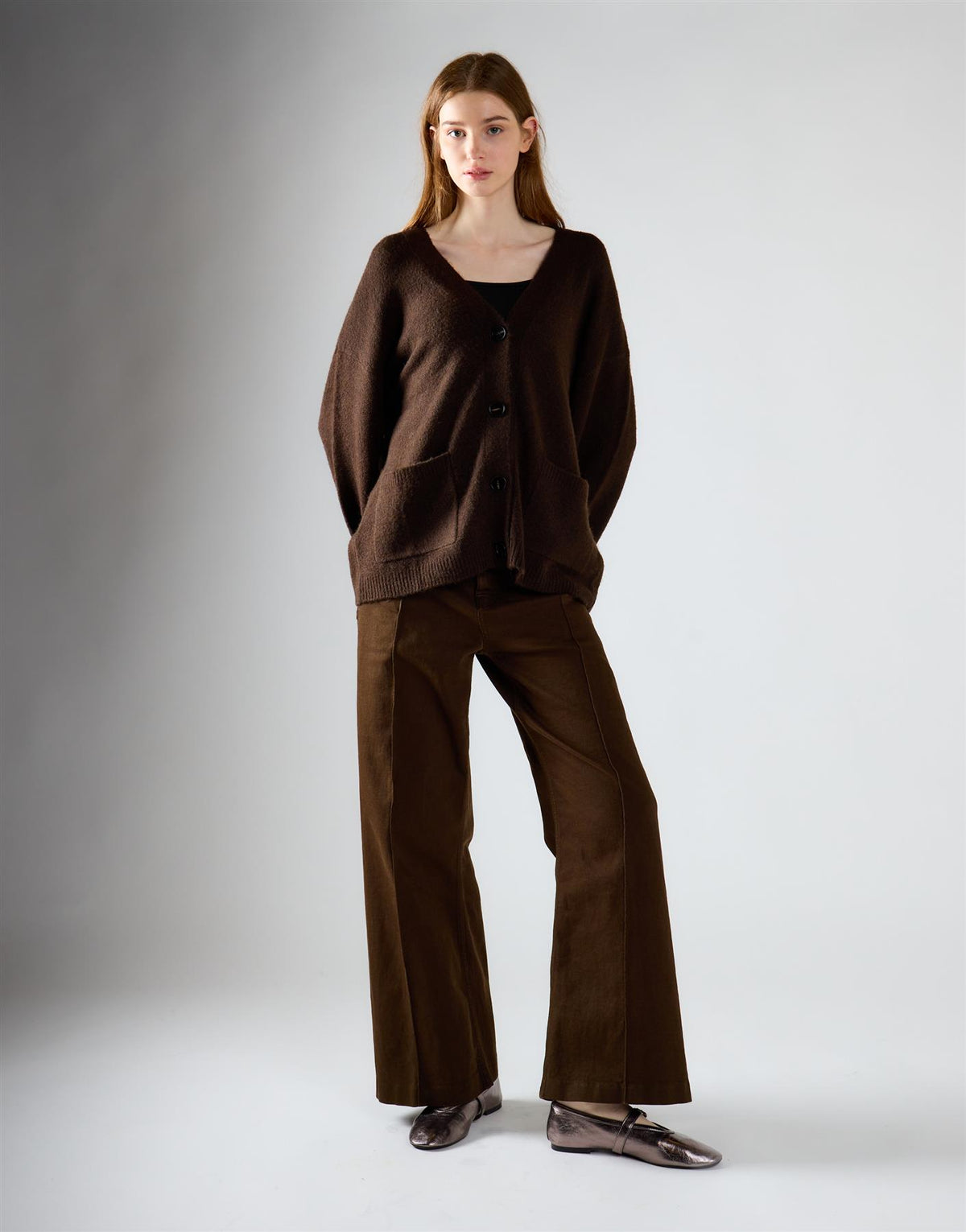 Khaki Brown V-Neck Cardigan With Pockets