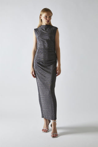 Black-Silver Glitter Ruched Midaxi-Dress