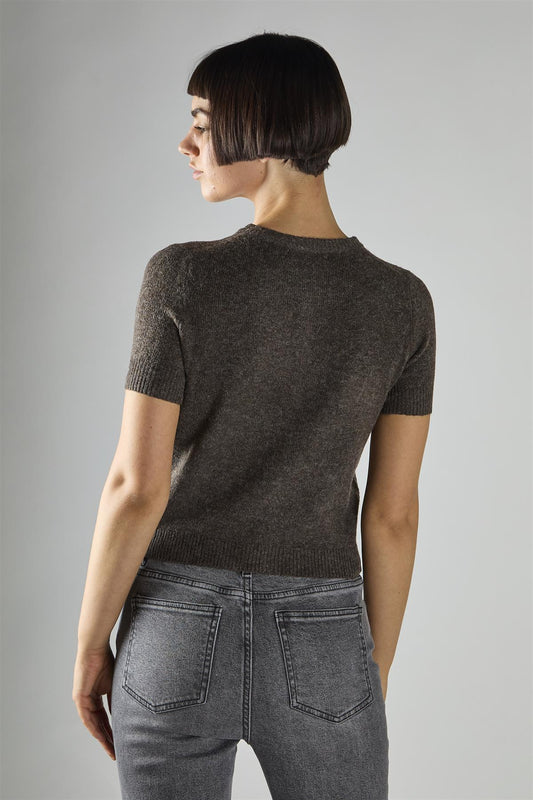 Dark-Brown-Marl Short-Sleeve Button-Front Crop Cardigan