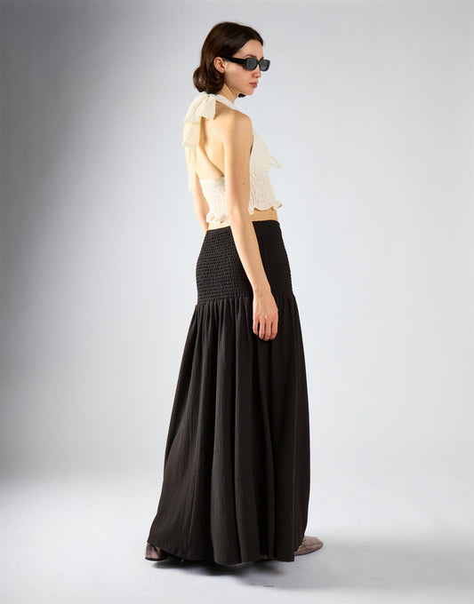 Black Crinkle Drop Waist Maxi Skirt