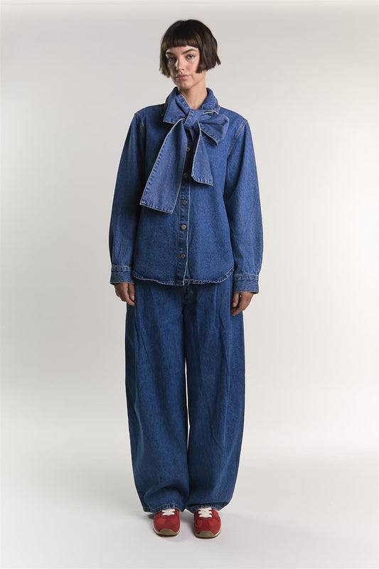 True Blue Pussy Bow Denim Blouse