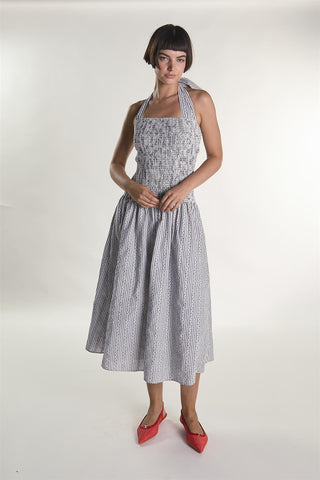 Cherry Stripe Halter Tie Neck Midaxi Dress