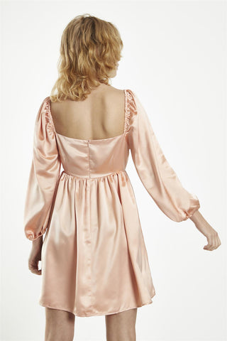 Square Neck Short Skater Dress - Peach Satin