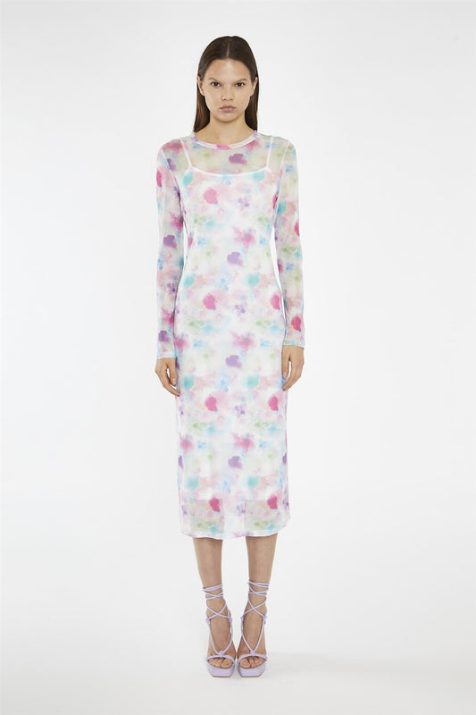 Watercolour-Floral Mesh Long Sleeve Midi-Dress