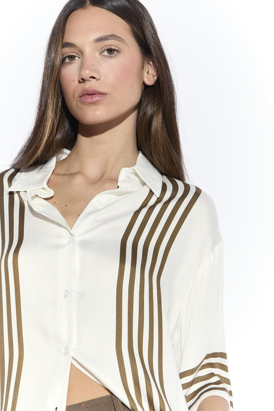 Cream Olive Stripe Short Sleeve Shirt
